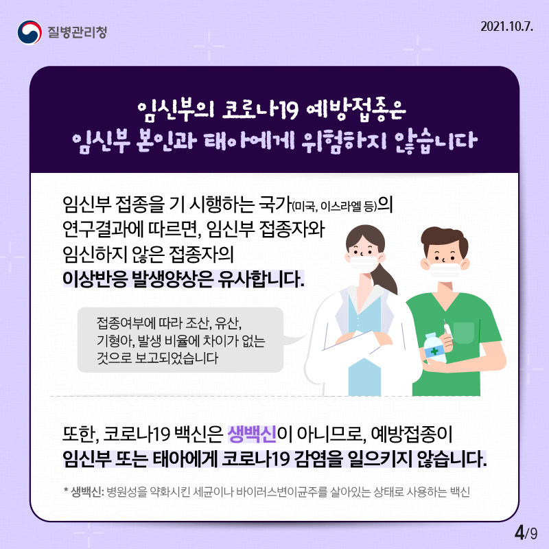 임신부의 코로나19 예방접종은 임신부 본인과 태아에게 위험하지 않습니다. 임신부 접종을 기 시행하는 국가(미국, 이스라엘 등)의 연구결과에 따르면, 임신부 접종자와 임신하지 않은 접종자의 이상반응 발생양상은 유사합니다. 접종여부에 따라 조산, 유산, 기형아, 발생 비율에 차이가 없는 것으로 보고되었습니다. 또한, 코로나19 백신은 생백신이 아니므로, 예방접종이 임신부 또는 태아에게 코로나19 감염을 일으키지 않습니다. * 생백신: 병원성을 약화시킨 세균이나 바이러스변이균주를 살아있는 상태로 사용하는 백신